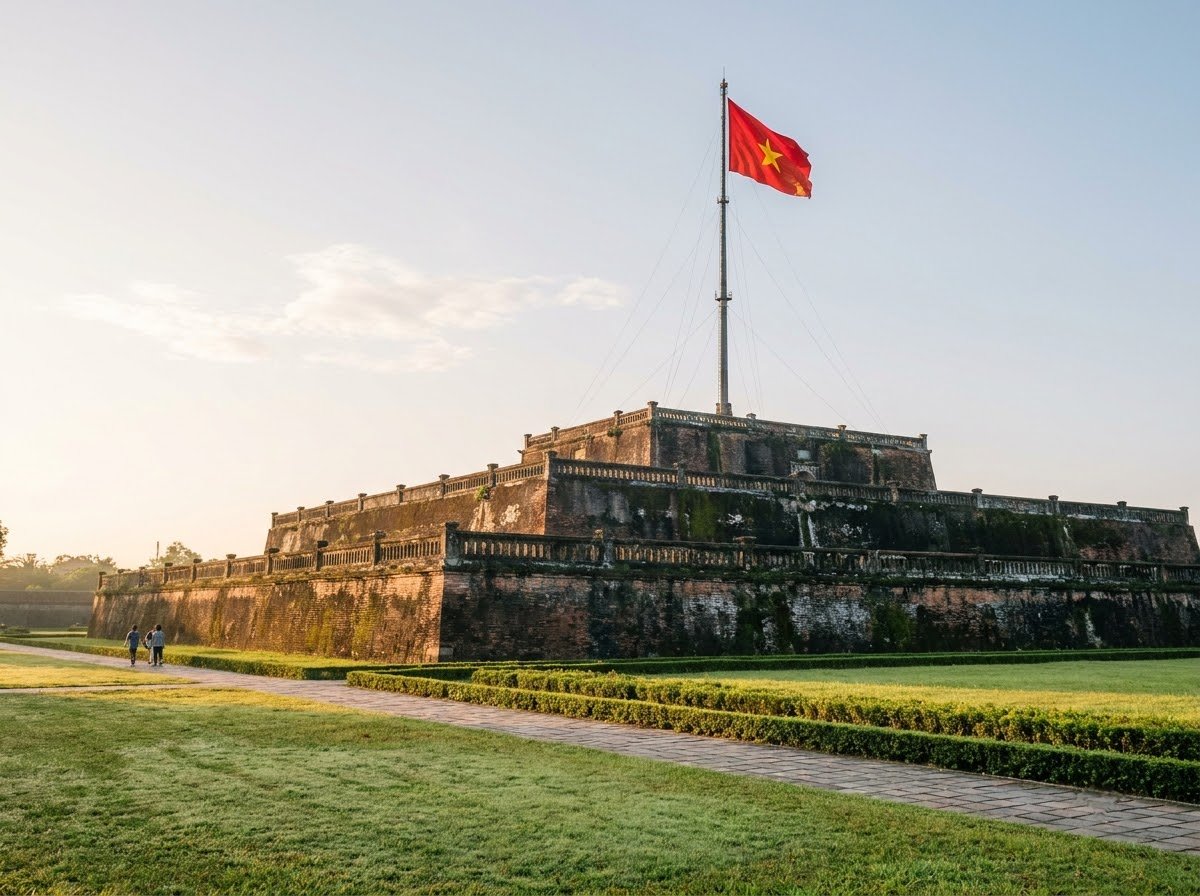 The three-tiered brick Flag Tower of the Hue Citadel with a tall flagpole, seen across a green lawn in morning light