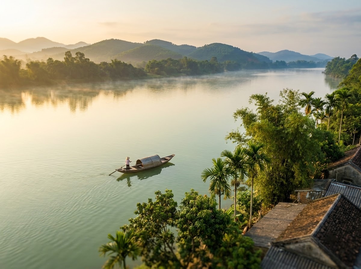 The Perfume River at Kim Long in soft morning light, with a wooden dragon boat moving upstream past bamboo and trees on the north bank